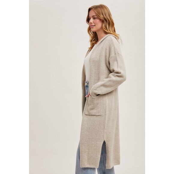 Longline Hoodie Drape Open Front Cardigan Coatigan Oatmeal - Picture 4 of 8